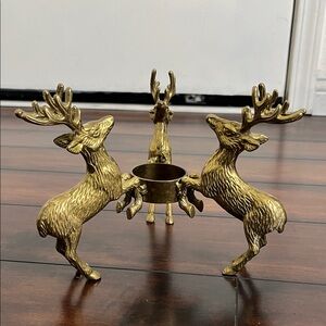 Vintage Mid Century Brass 3 Reindeer Pillar Candle Holder